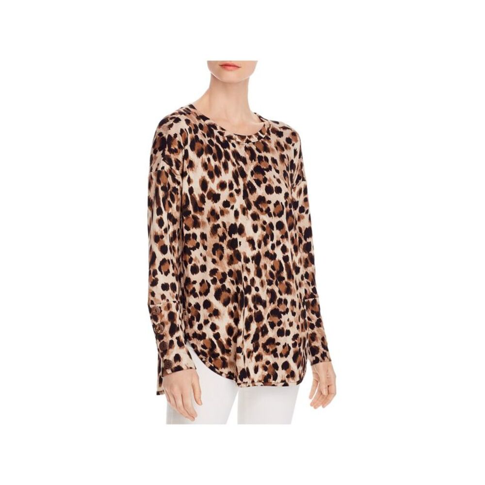 CUPIO BLUSH Womens Brown Stretch Animal Print Long Sleeve Round Neck Top XS